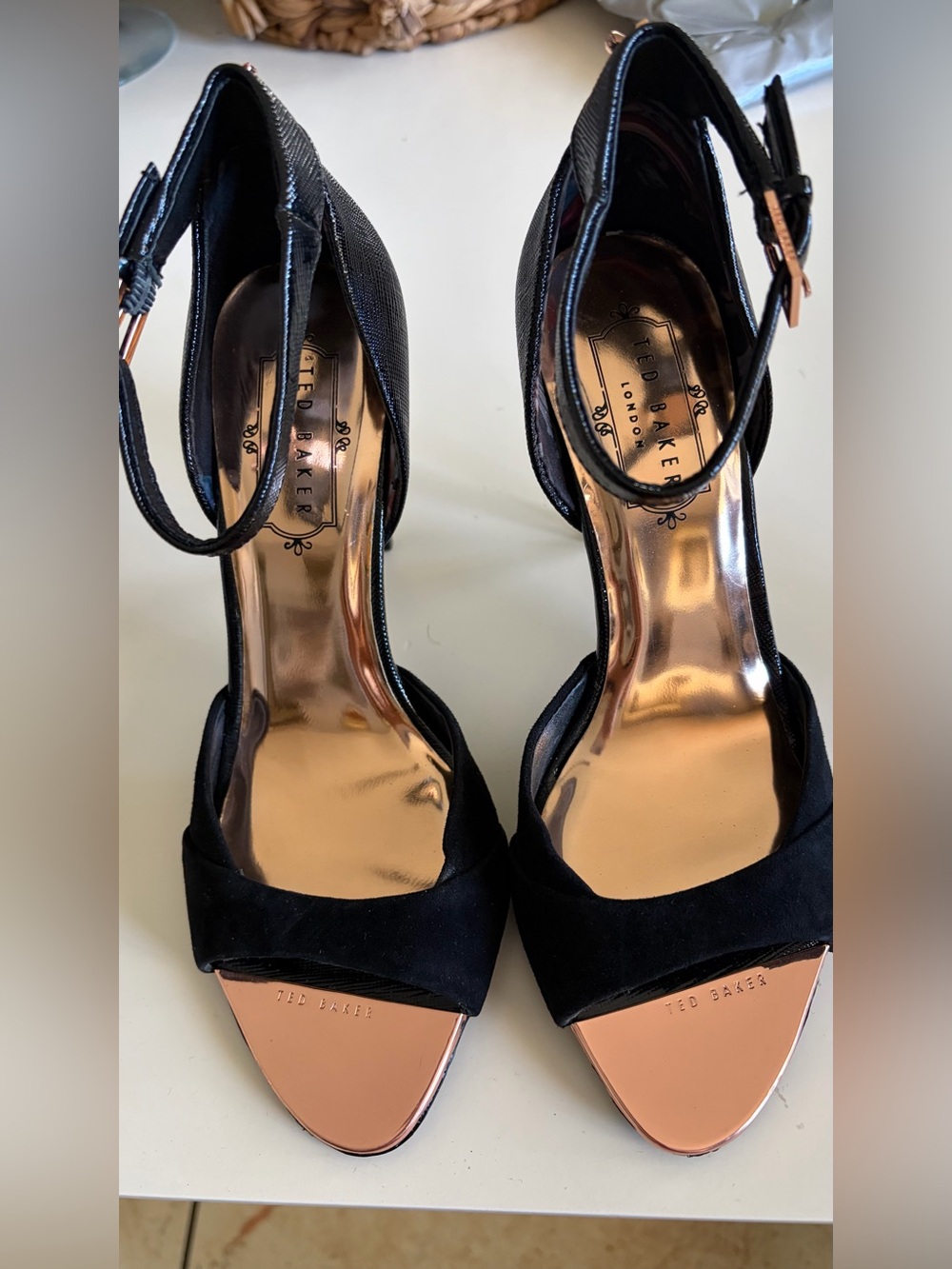 Ted Baker Black Suede Open-Toe Ankle Strap Heels with Rose Gold Accents
